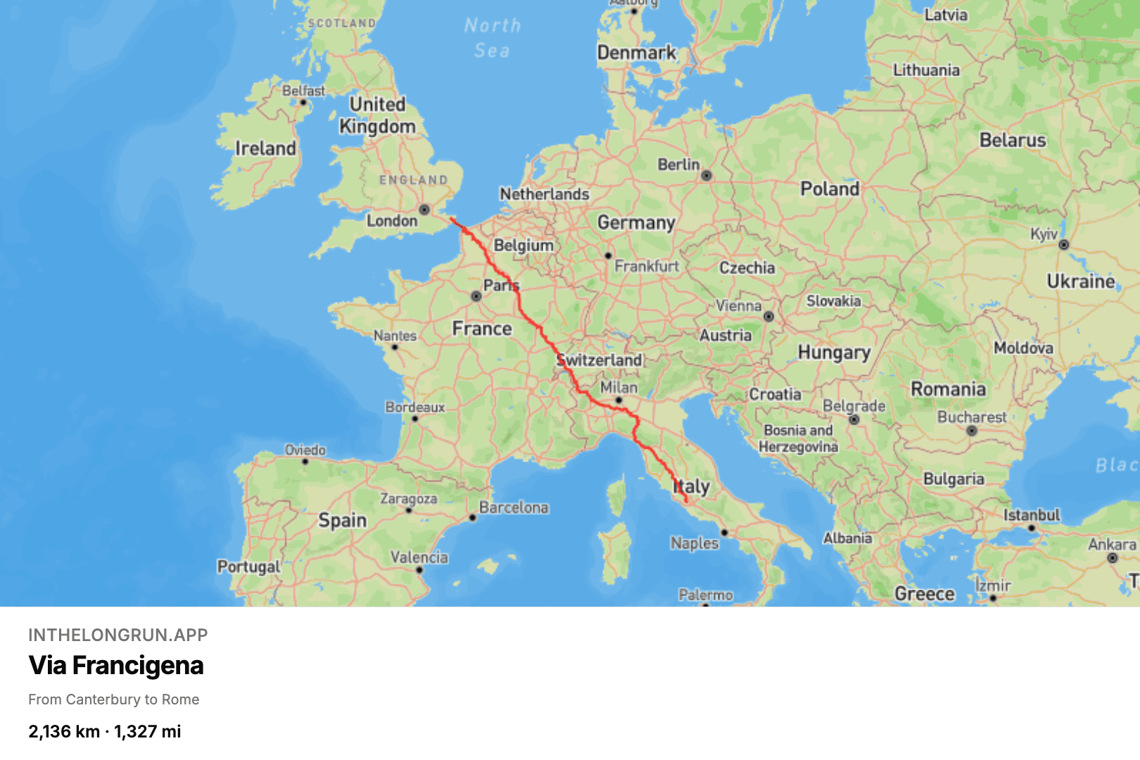 Map of the Via Francigena virtual running route from Canterbury to Rome.