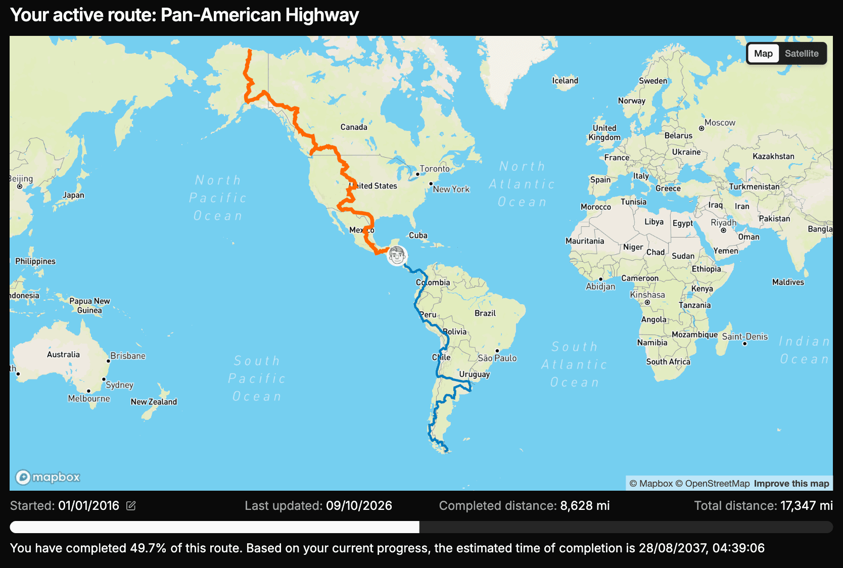 A dashboard map of the Pan-American Highway, about half of it run, with the distance completed and an estimated finish date underneath.