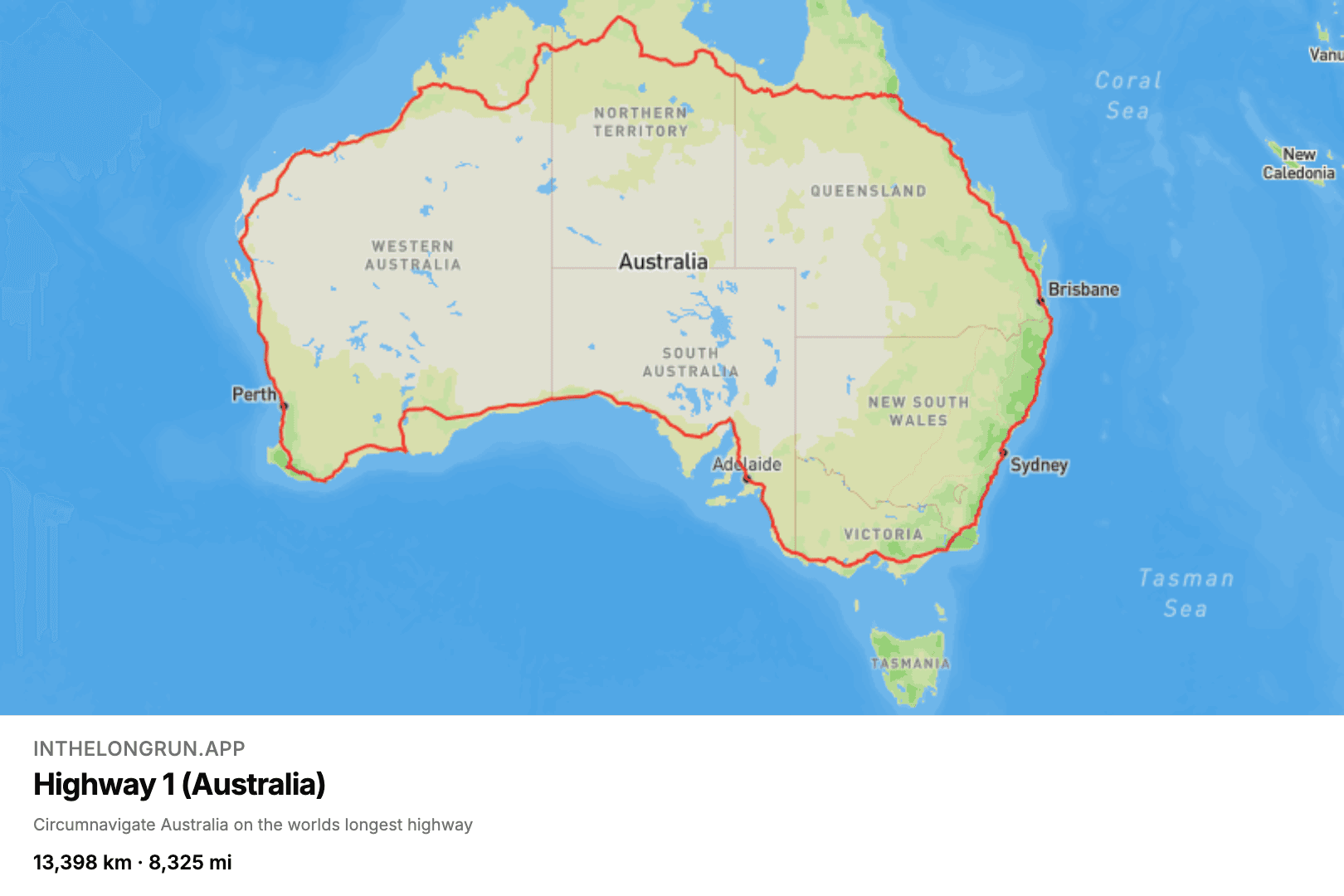 Map of the Highway 1 virtual running route circling mainland Australia.