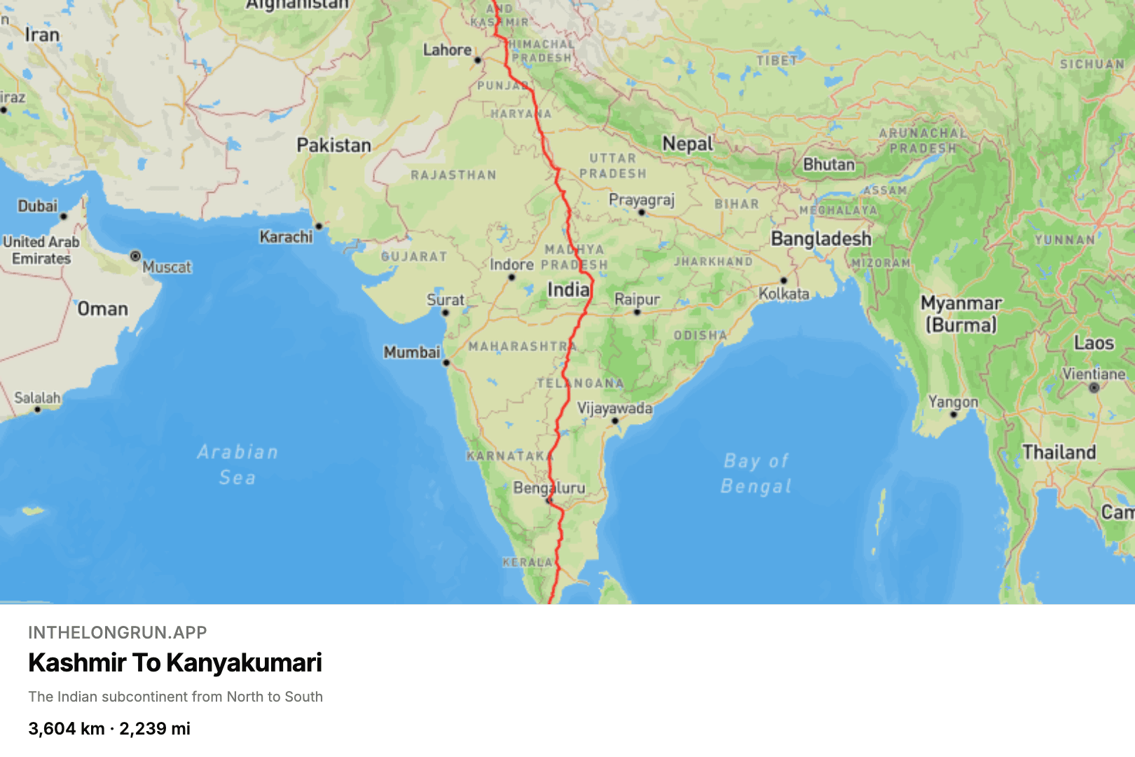 Map of the Kashmir to Kanyakumari virtual running route down the length of India.