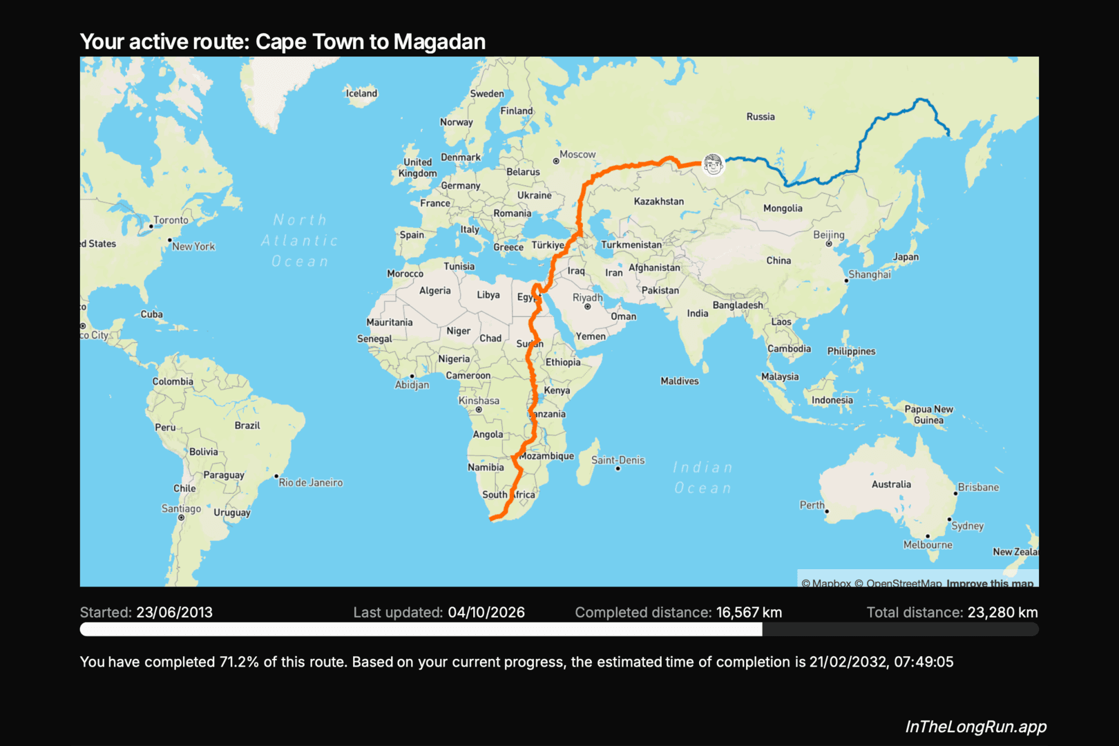 The Cape Town to Magadan route on the street map, with country names and cities labelled.