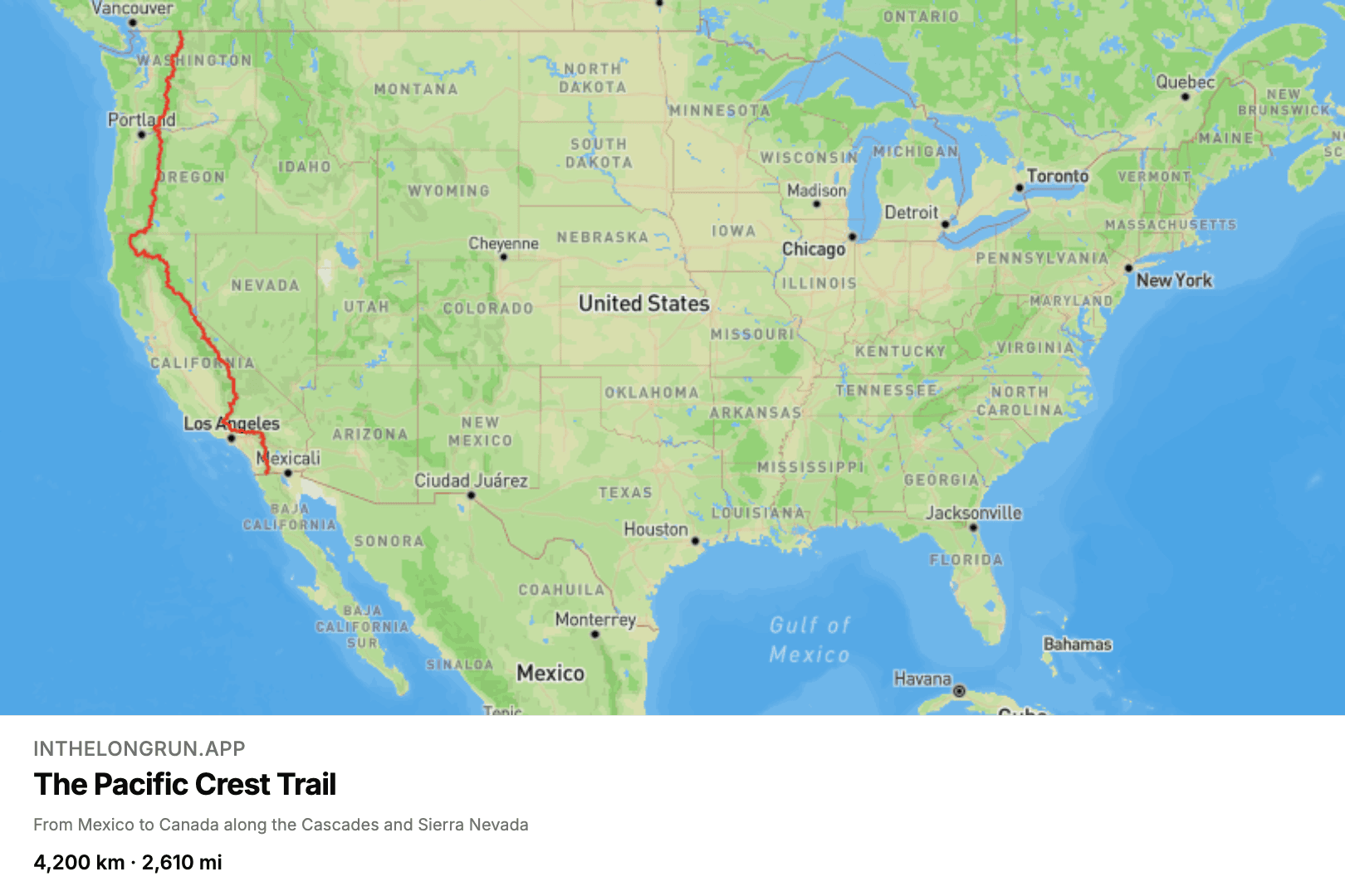 Map of the Pacific Crest Trail virtual running route from Campo, California to Manning Park, British Columbia.