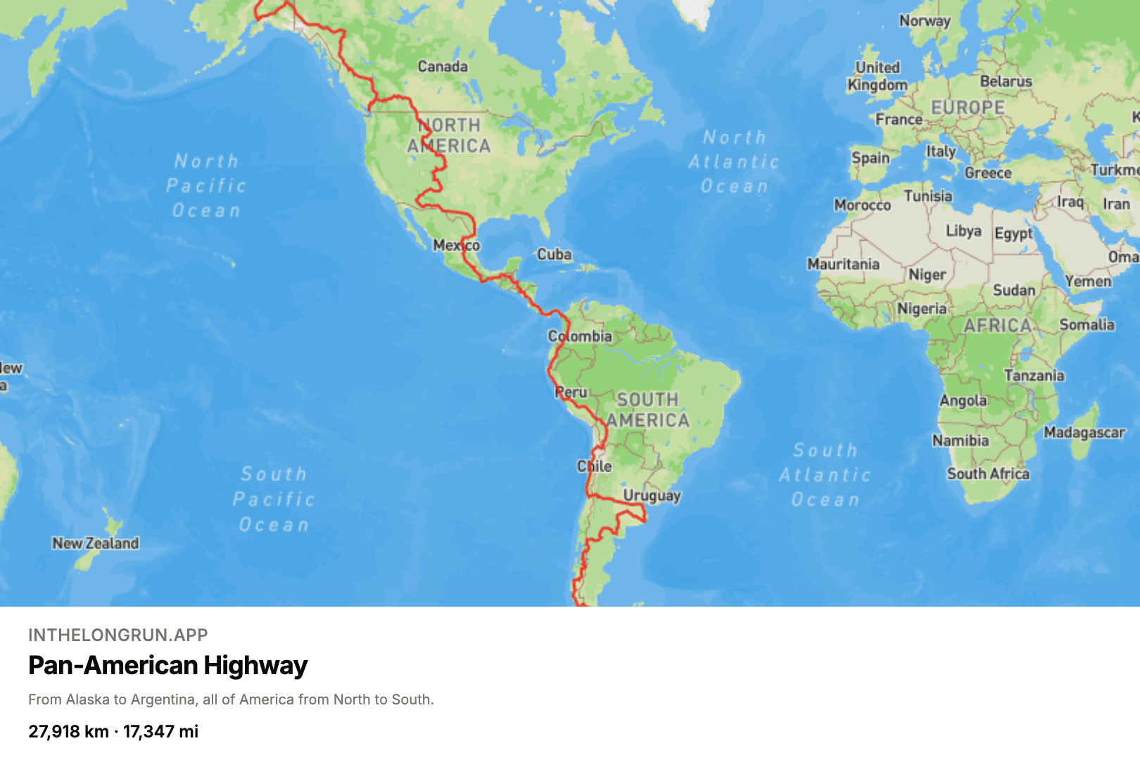 Map of the Pan-American Highway virtual running route from Prudhoe Bay, Alaska to Ushuaia, Argentina.