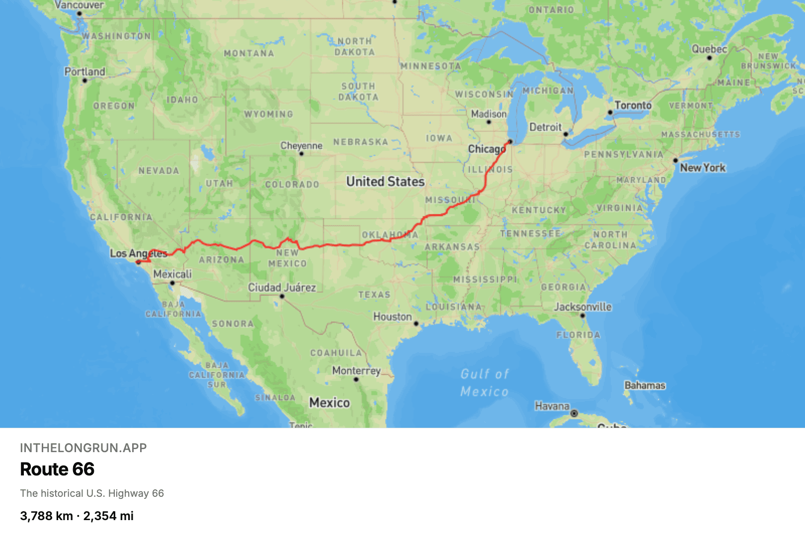 Map of the Route 66 virtual running route from Chicago to Santa Monica.