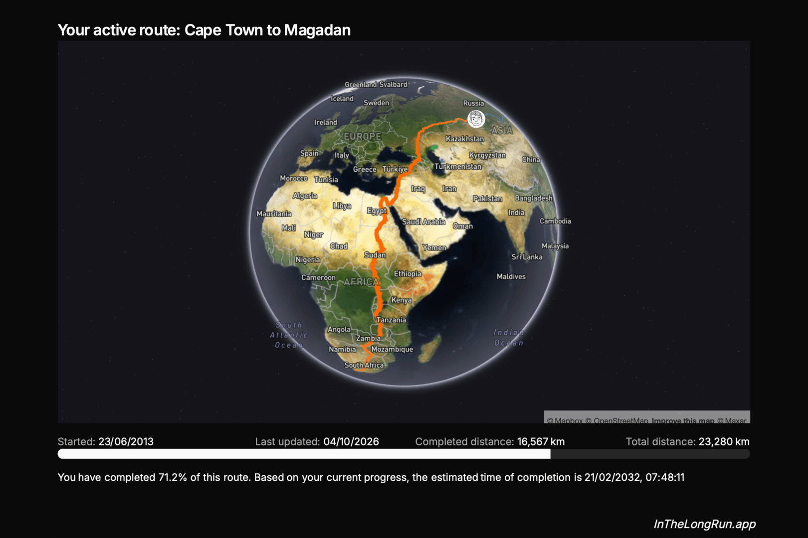 A route from Cape Town to Magadan drawn on a satellite globe, with the runner's progress in orange across Africa and Asia.