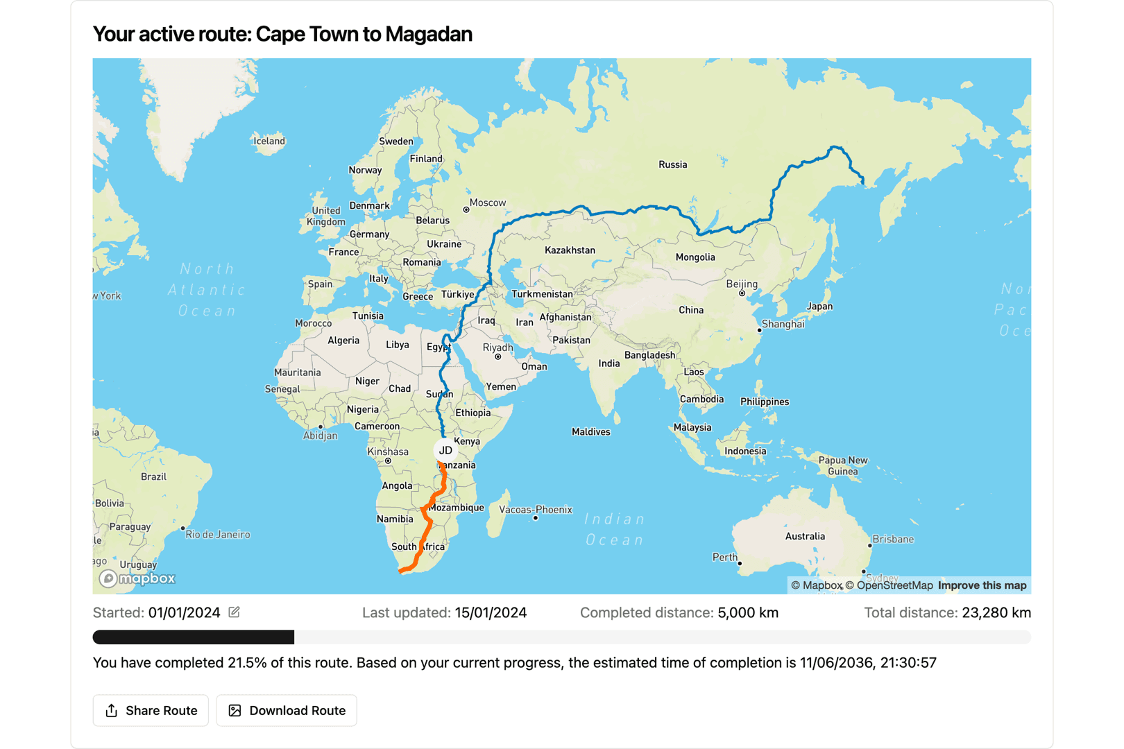 The share and download buttons underneath a route progress map in In the Long Run.