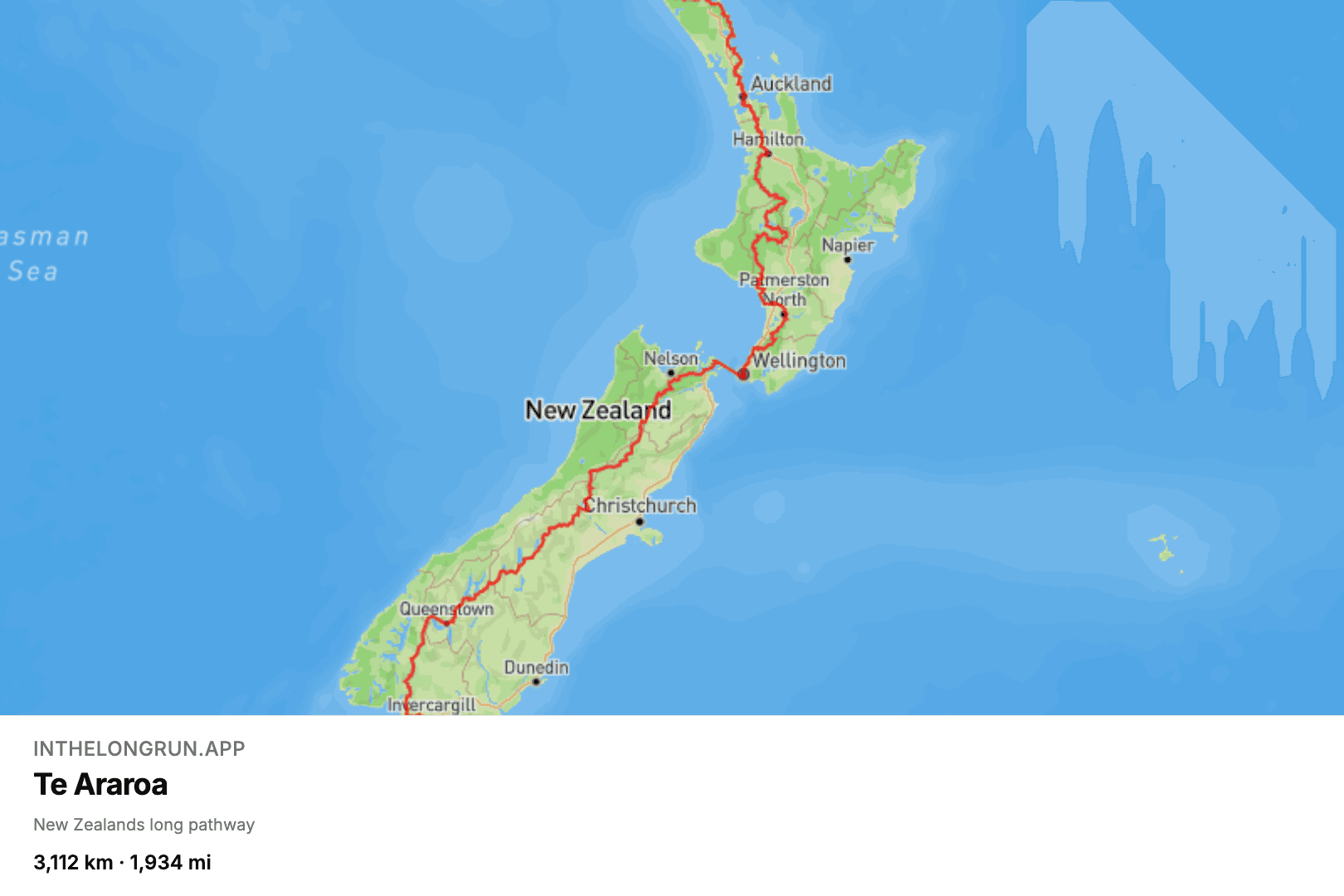 Map of the Te Araroa virtual running route the length of New Zealand, from Cape Reinga to Bluff.