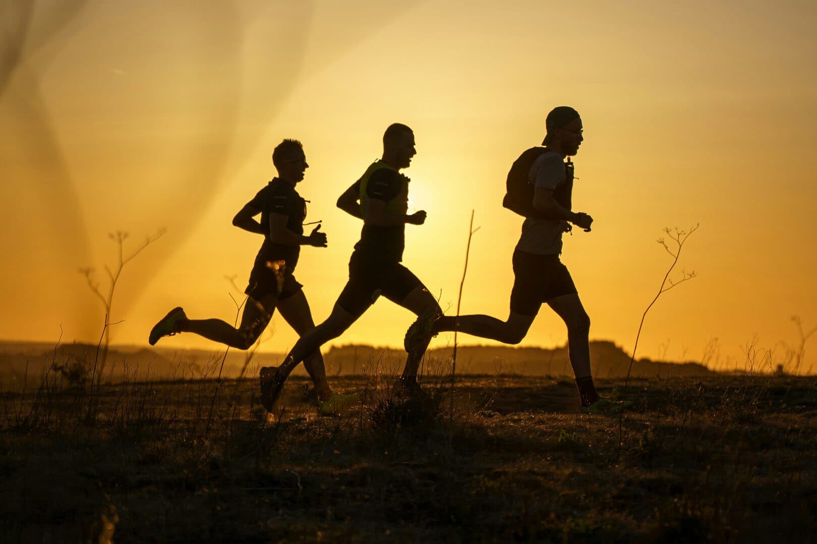 Three runners in silhouette against a low sun on an open ridge.
